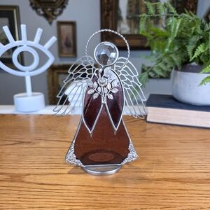 Vintage Stained Glass Angel Tea Light Holder Amber Slag Glass Silver Wings